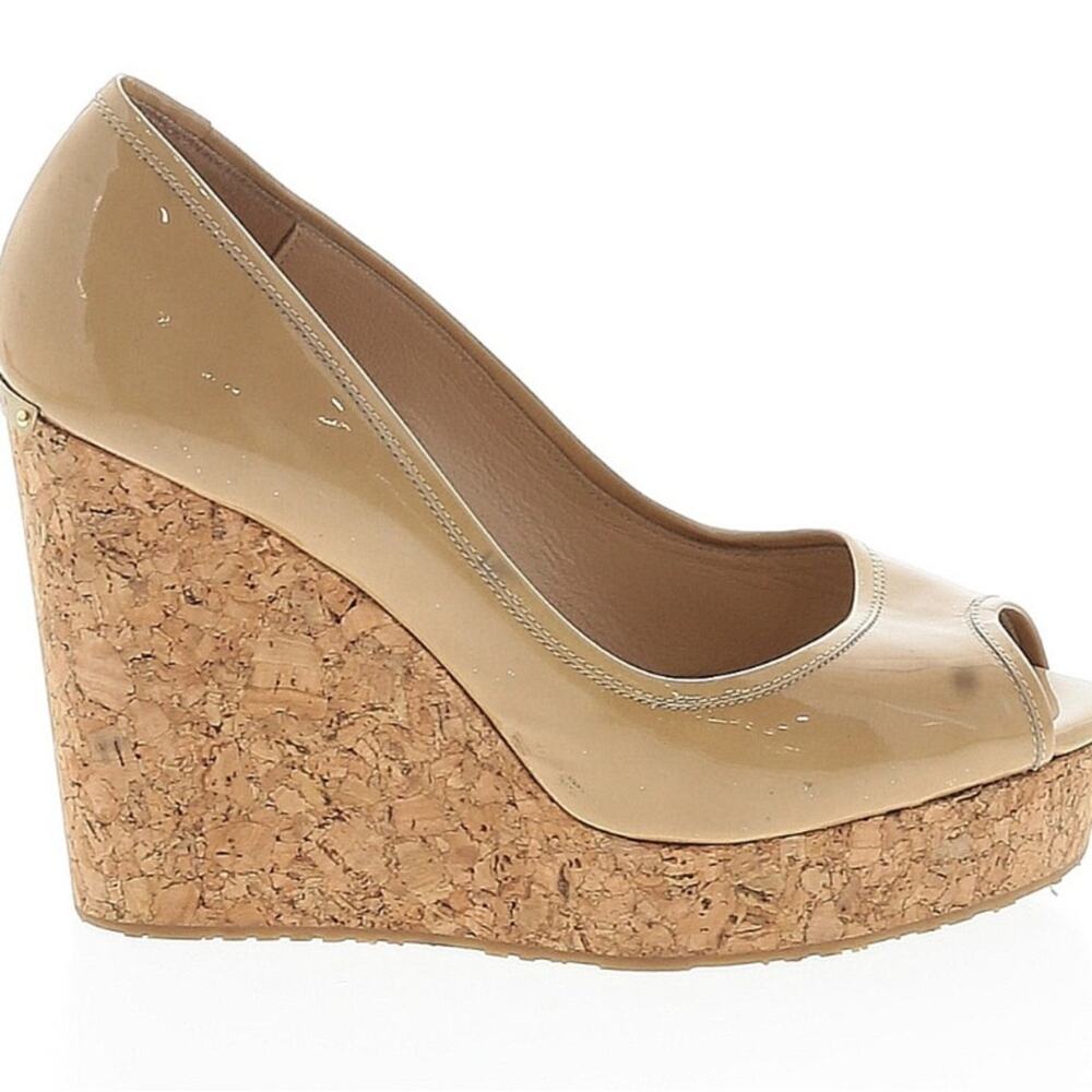 Jimmy Choo Tan Patent Leather Peep Toe Cork Wedge Heel EU 41/US 11
